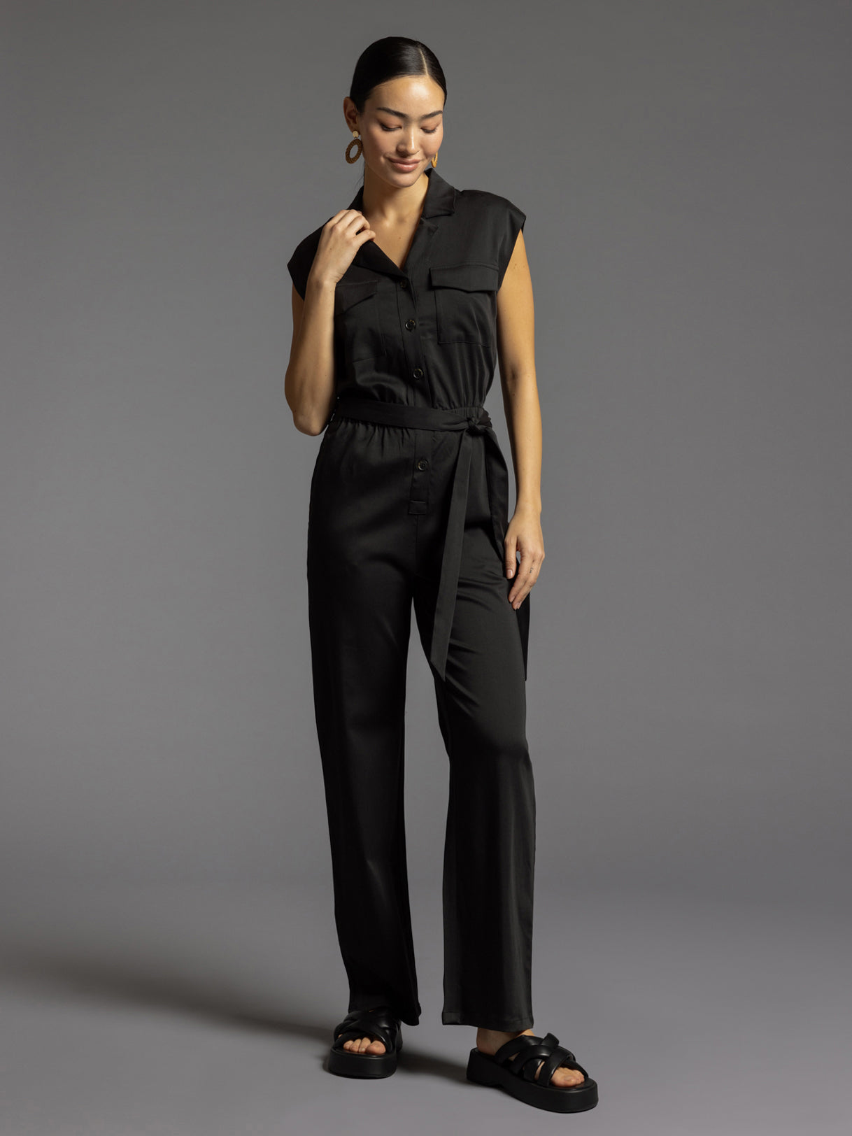 Downtown Sleeveless Belted Jumpsuit Black