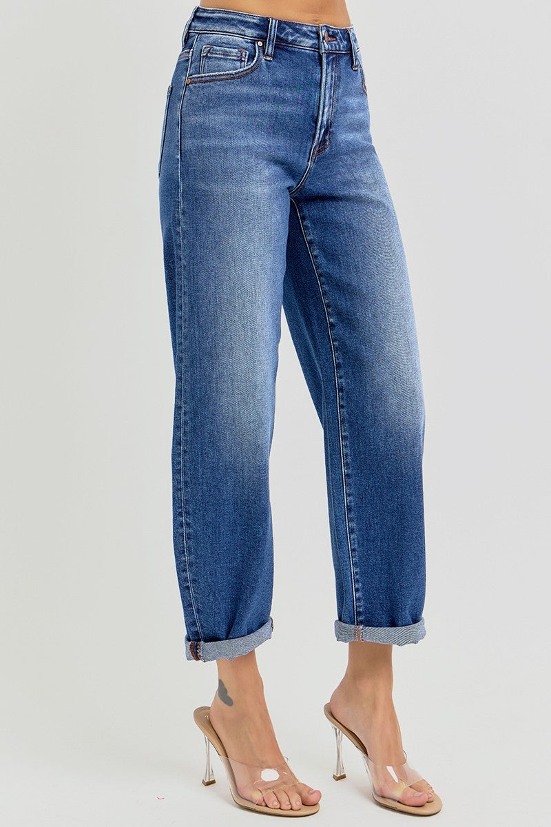 High Rise Crop Mild Barrel Leg Jeans Dark