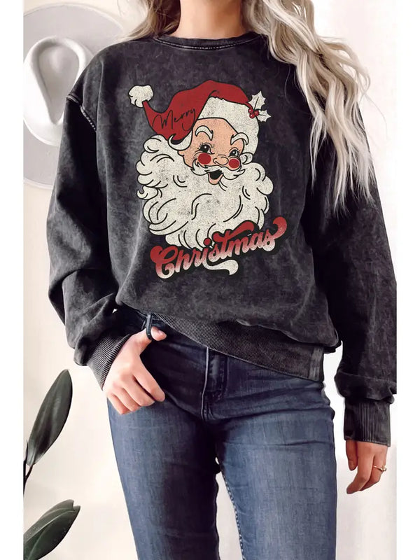Merry Christmas Santa Mineral Graphic Terry Sweatshirt Black