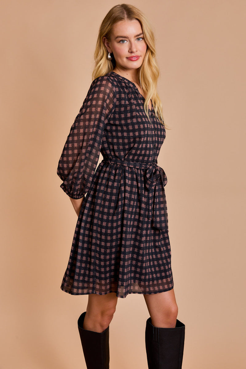 Shirred Vneck Button Detail Check Print Dress Black Brown