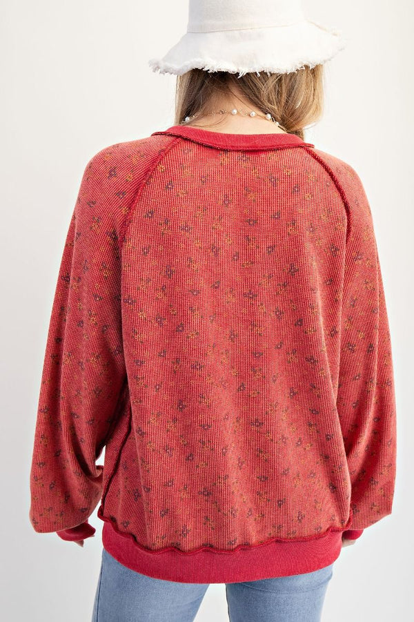 Printed Thermal Notch Neck Mineral Washed Top Boho Red