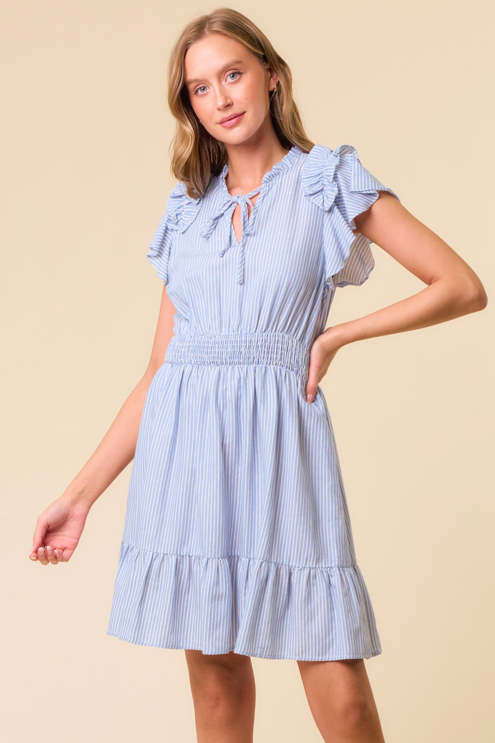 Stripe Ruffle Split Vneck Smocked Dress Blue + White