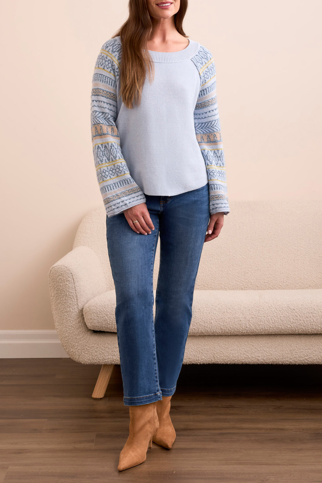 Printed Flare Sleeve Scoop Neck Sweater Chambray
