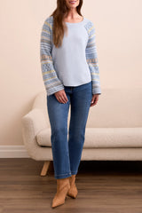 Printed Flare Sleeve Scoop Neck Sweater Chambray