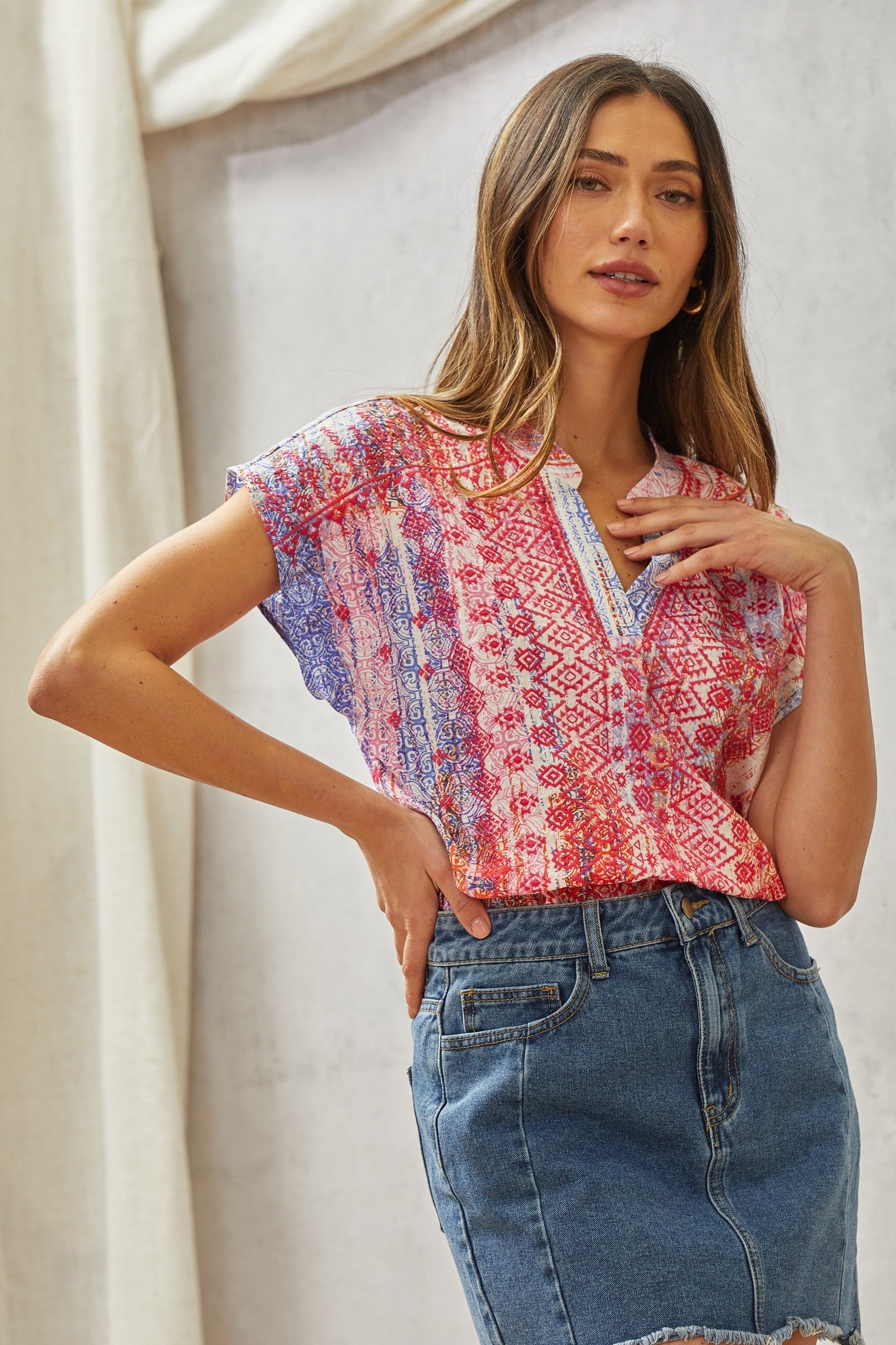 Aztec All Over Emb. Dolman Deep V Collar Top Multi