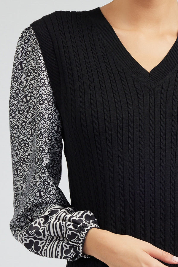 Printed Border Sleeve Cable Sweater Combo Top Black