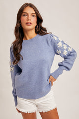 Floral Embroidery Bubble Sleeve Sweater Frost Blue