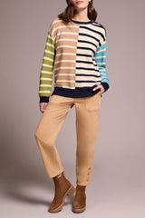 Button Detail Colorblock Stripe Sweater Ice Latte