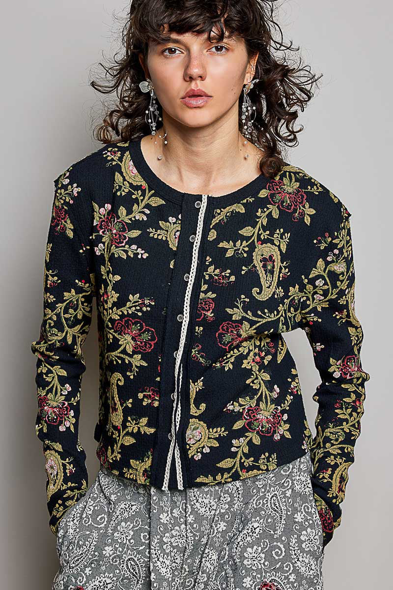 Botanical Cottage Button Detail Top Black