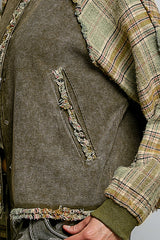 Thermal Plaid Sleeve Frayed Seams Jacket Olive