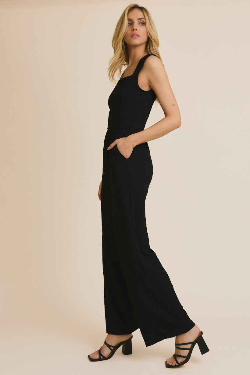 Textured Square Neck Sleeveless Jumpsuit Black