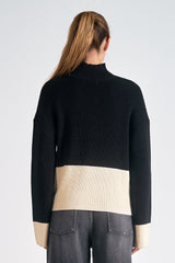 Color Block Turtleneck Ribbed Sweater Black + White