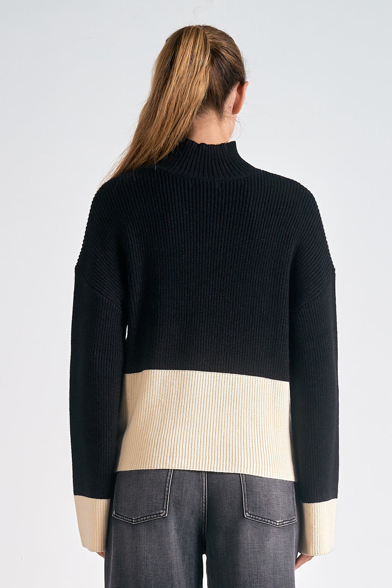 Color Block Turtleneck Ribbed Sweater