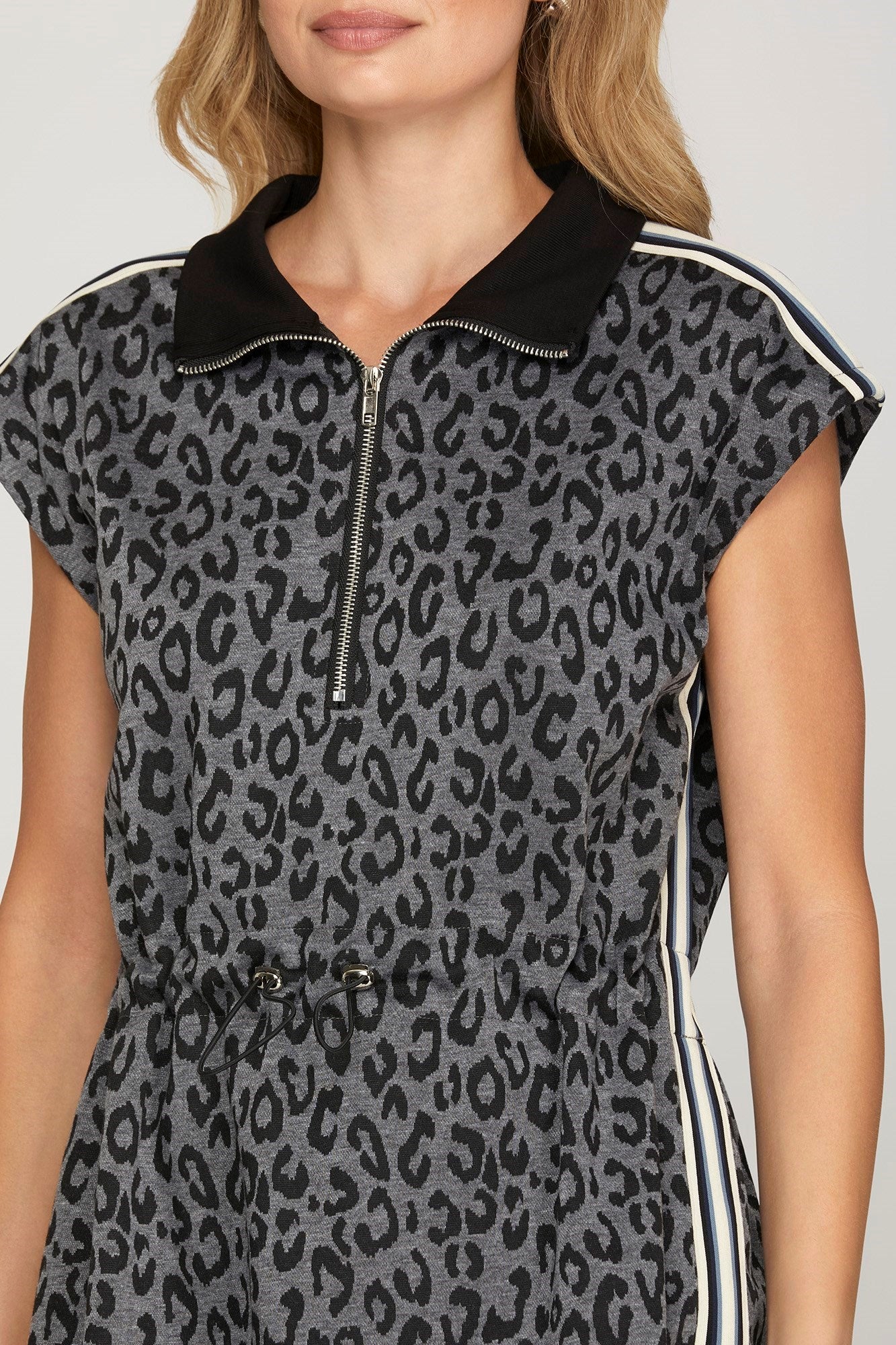 Half Zip Leopard Print Stripe Detail Collared Mini Dress Grey
