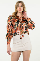 Puff Long Sleeve Satin Tie Neck Floral Blouse Brown