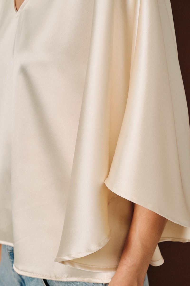 Satin Vneck Elbow Cape Sleeve Top Tan