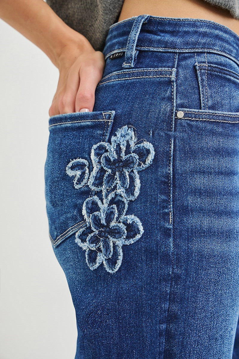 Mid Rise Crop Straight Floral Patch Jeans Dark