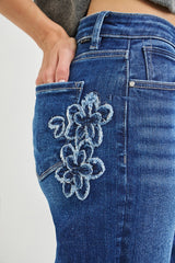 Mid Rise Crop Straight Floral Patch Jeans Dark