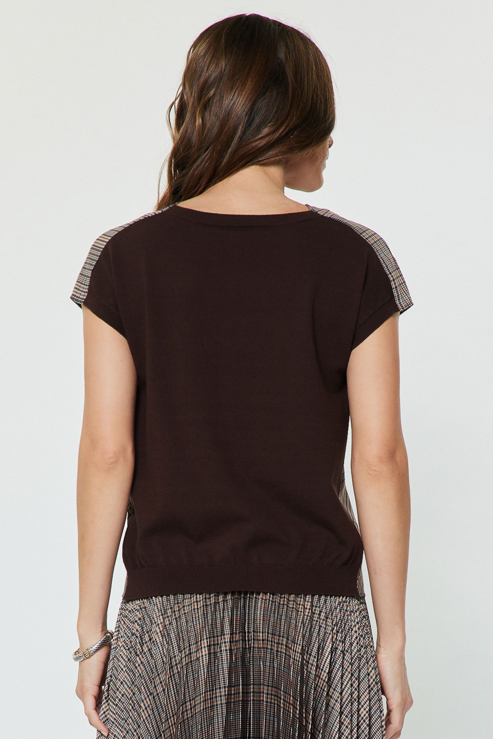 Houndstooth Solid Knit Back Short Sleeve Top Multi
