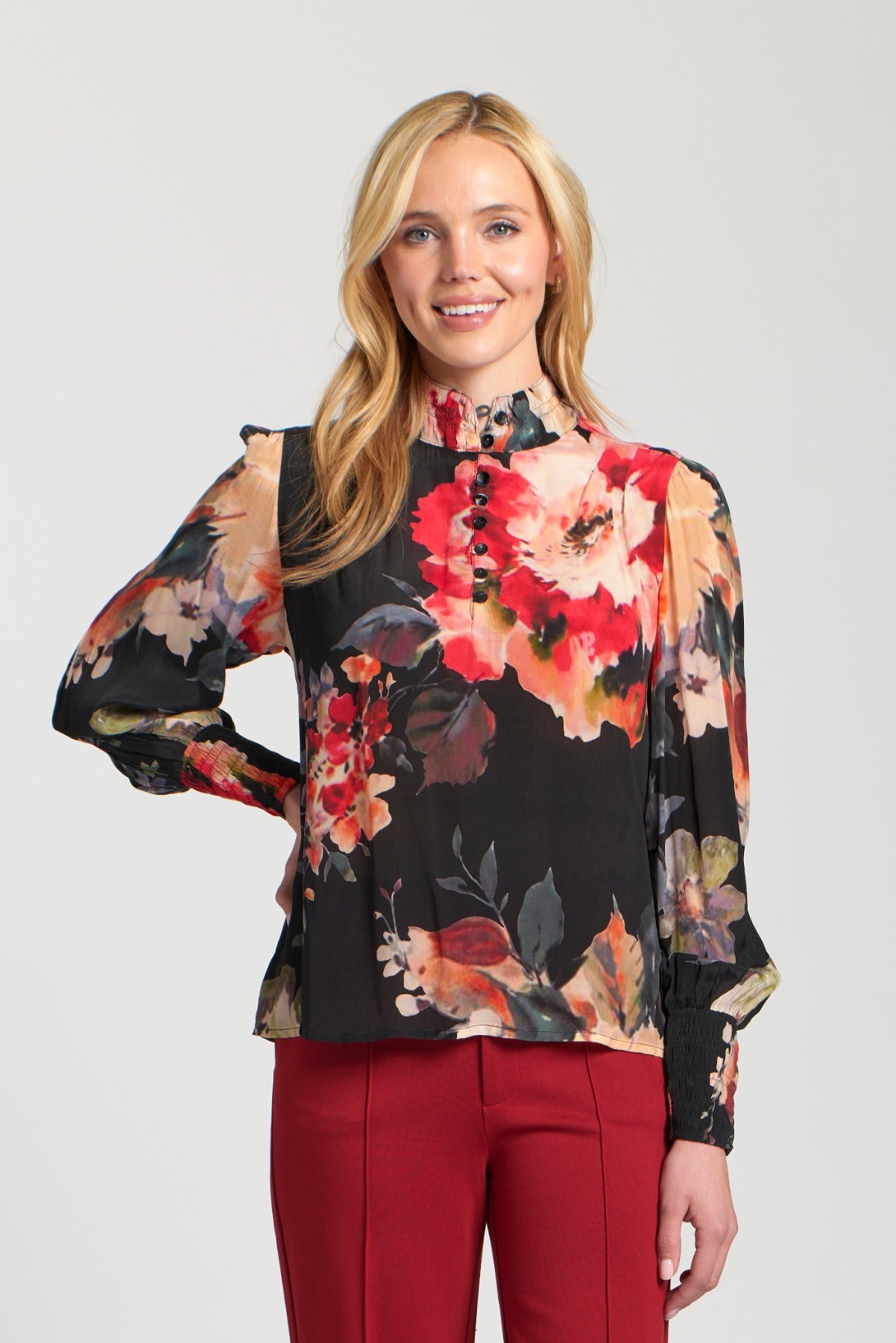 Puff Sleeve Collar Detail 3/4 Button Down Blouse Floral Red Multi
