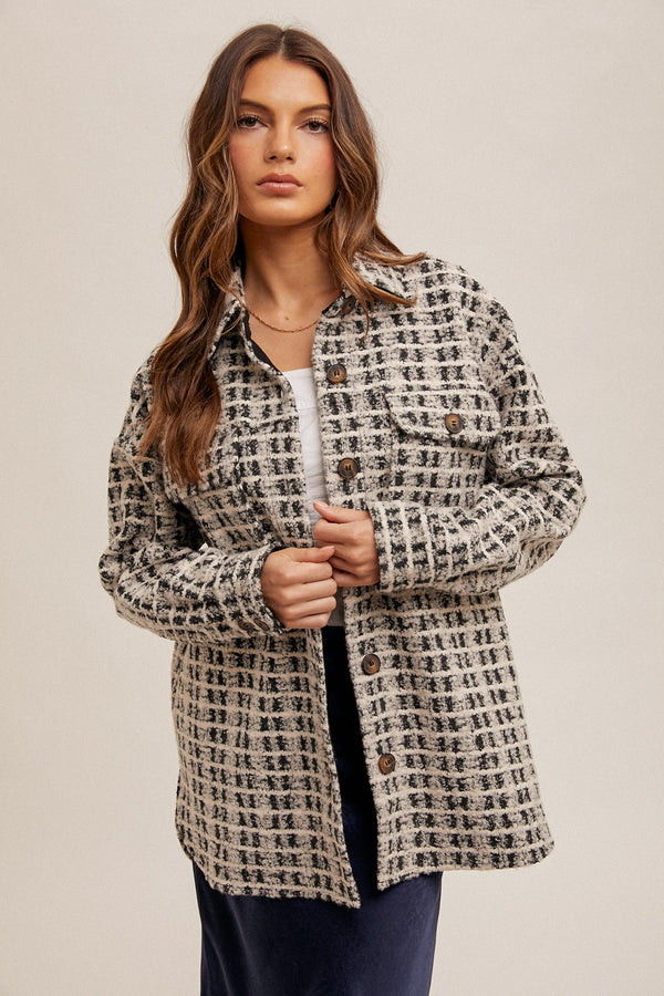 Boucle Textured Checker Print Shacket Black