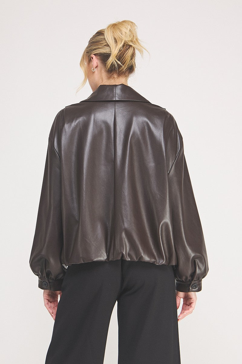 Vegan Leather Bubble Hem Jacket Brown