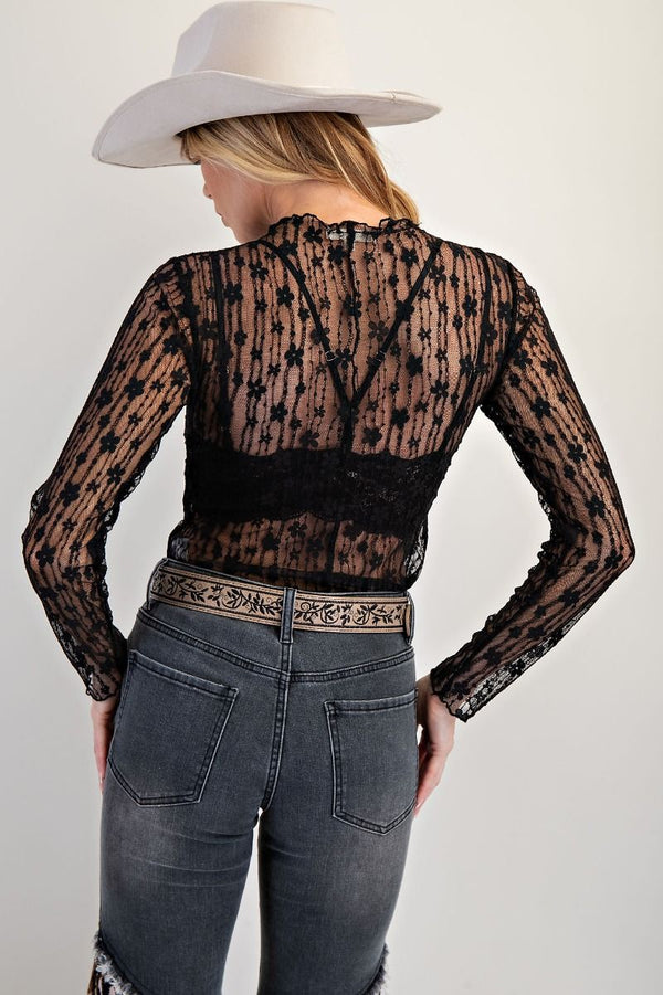 Sheer Lace High Neck Layering Top Black