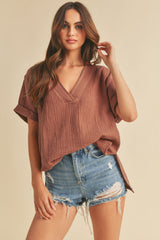 Trudie Raw Edge Gauze Top Terracotta