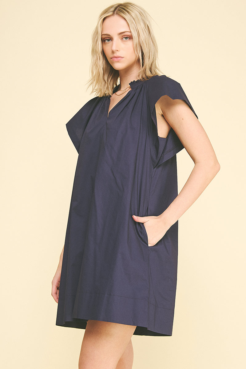 Ruffled Shoulder Detail Vneck Mini Dress Ink
