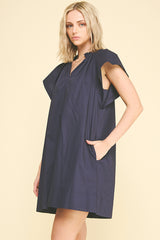 Ruffled Shoulder Detail Vneck Mini Dress Ink