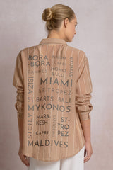 Destination Graphic Striped Button Down Shirt Tan