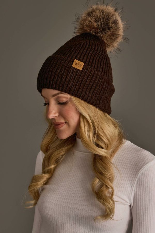 Solid Ribbed Knit Pom Hat Brown