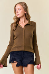 Vintage Washed Snap Button Front Bell Sleeve Shirt Olive