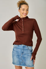 High Neck Pinstripe Henley Top Brick + Navy