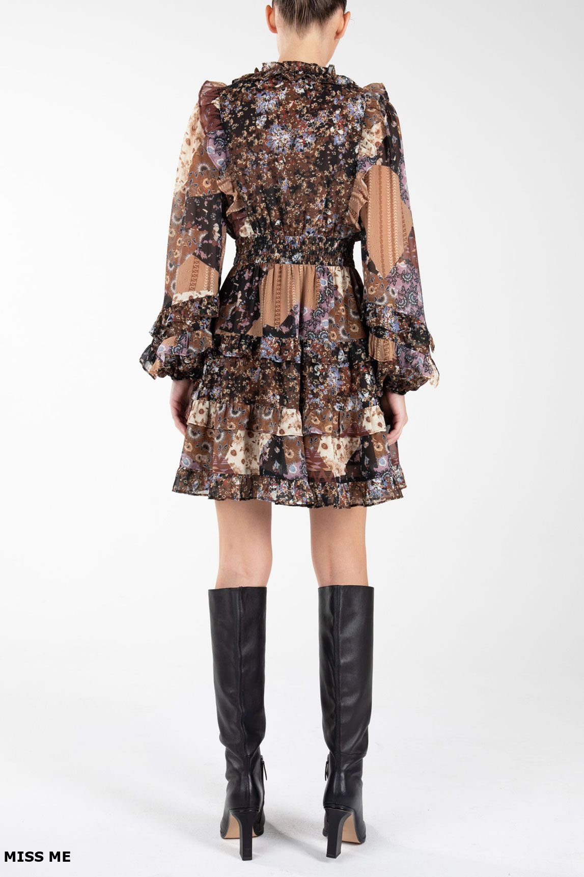 Patchwork Print Ruffle Long Sleeve Mini Tiered Dress Multi Brown