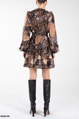Patchwork Print Ruffle Long Sleeve Mini Tiered Dress Multi Brown