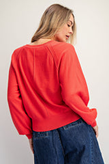 Cozy Half Button Pullover Sweater Coral Red
