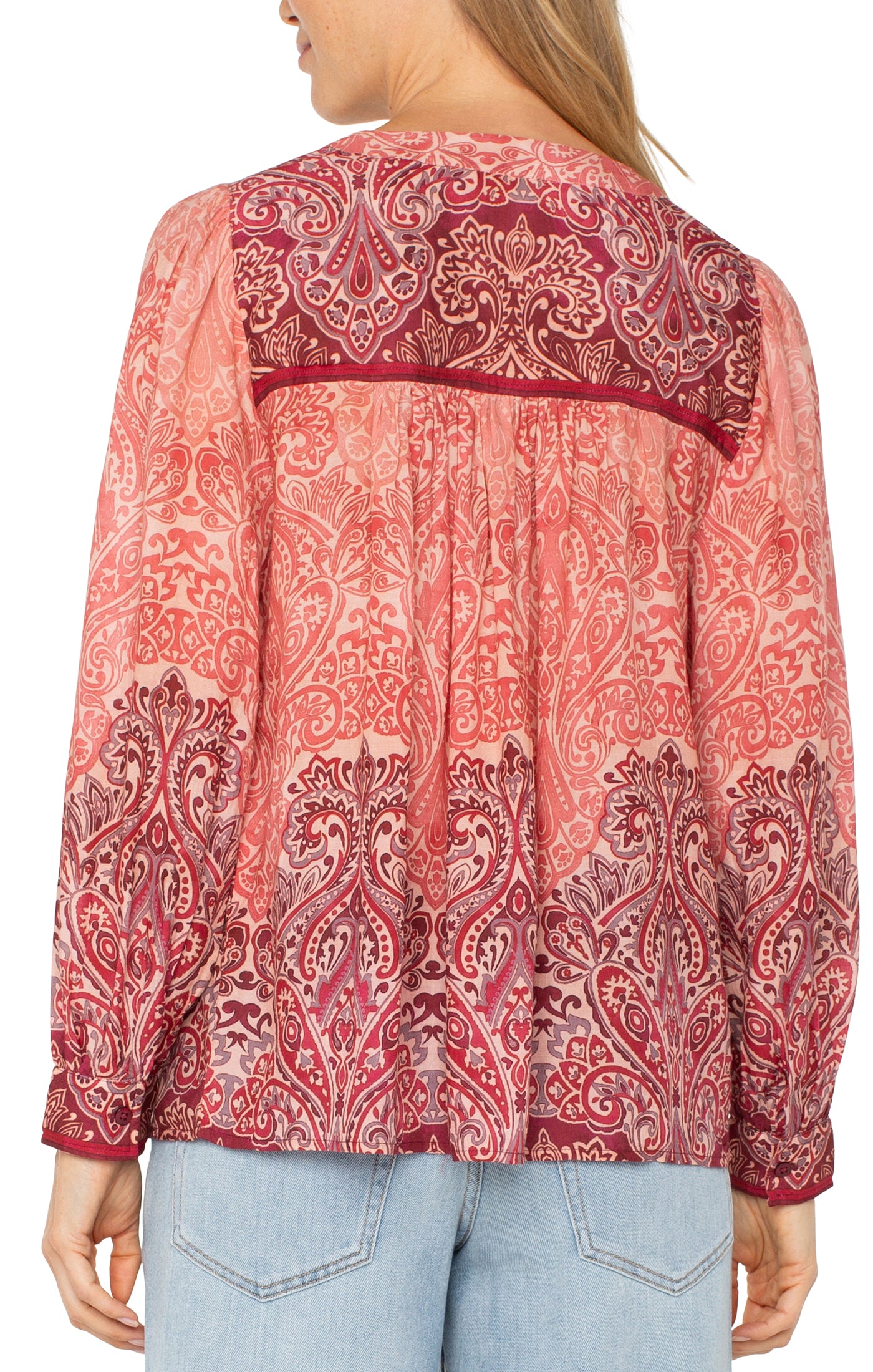 Printed Vneck Popover Woven Blouse Mauve Ombre Paisley