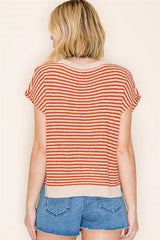 Split Neck Stitch Detail Striped Sweater Top Rust