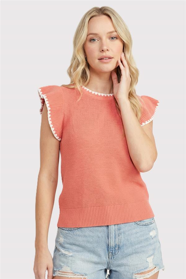 Blanket Stitch Detail Ruffle Sleeve Sweater Top Papaya