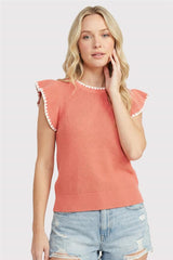 Blanket Stitch Detail Ruffle Sleeve Sweater Top Papaya