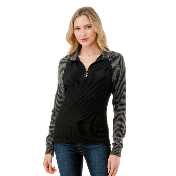 1/4 Zip Mock Neck Thermal Top Black + Charcoal