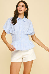 Pleated Waistline Peplum Stripe Top Light Blue