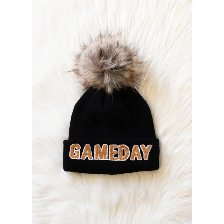Game Day Pom Hat Black + Tan