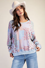 Floral Printed Washed Terry Pullover Peri Blue