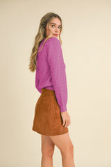 Puff Sleeve Scalloped Pointelle Sweater Wild Orchid