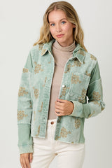 Flower Emb. Waffle Corduroy Mix Hoodie Jacket