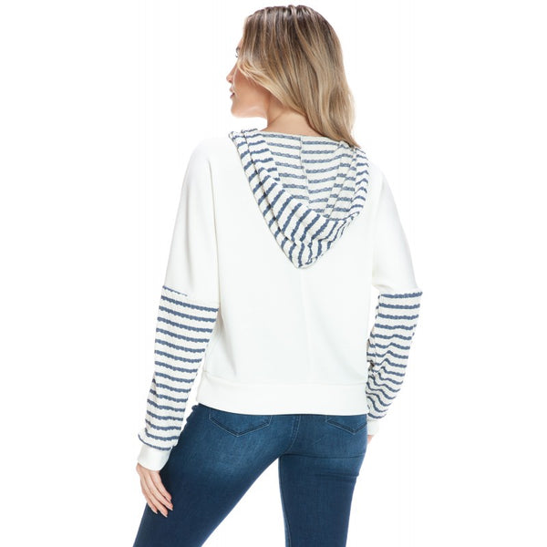Stripe Contrast Ribbed Textured Hoodie Denim