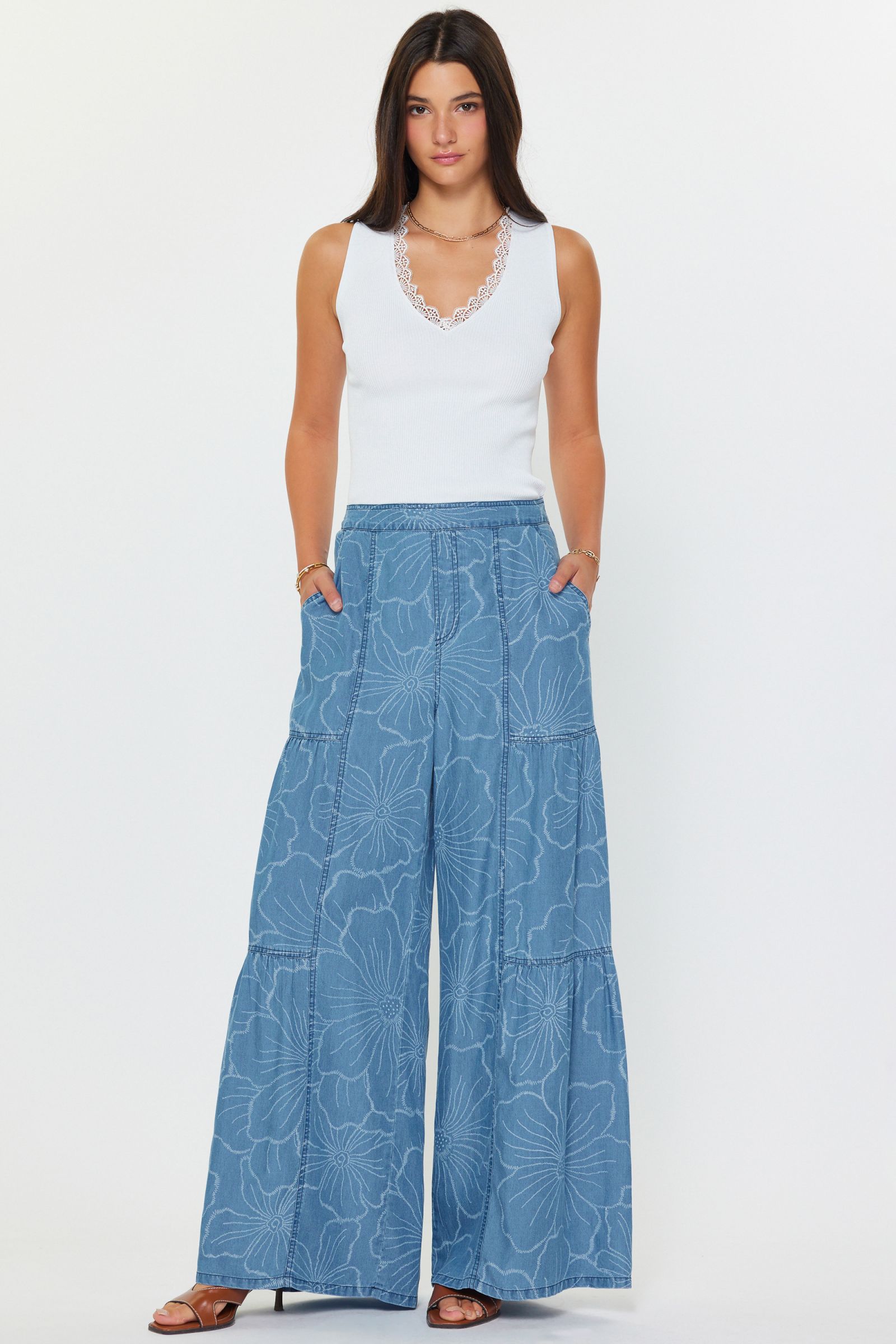 Floral Printed Wide Leg Palazzo Pants Floral Chambray