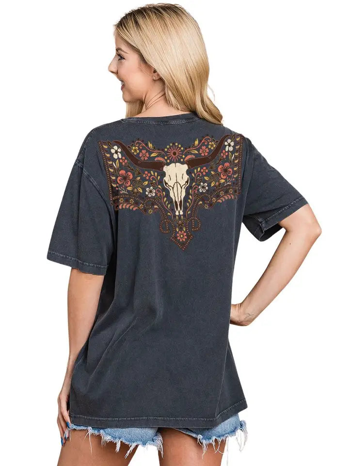 Floral Cow Skull Washed Tee Black
